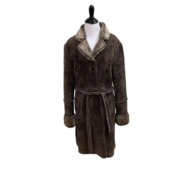 Express Jackets & Blazers - Express Women's M Medium Genuine Suede Coat Faux Fur Lined with Belt Brown